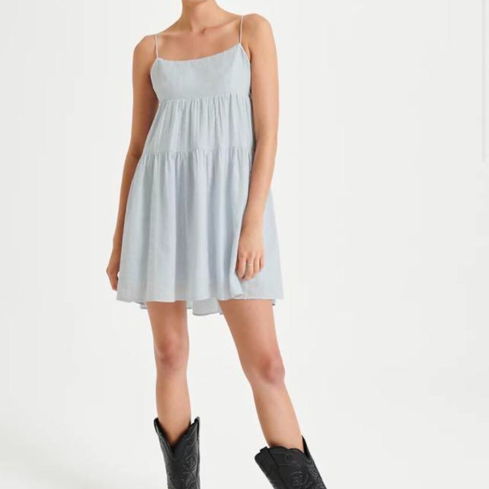 Aritzia Sunday Best Jasper Mini Dress Babydoll Summer Grey Sky Size Large NWT